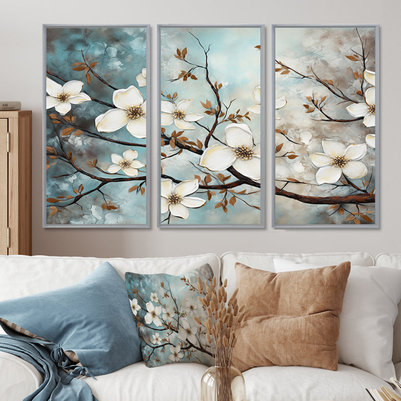 Dogwood Beauties - ensemble d'art sur toile Dogwood, H 40 po x l 60 po x P 1 po, Encadrement argenté