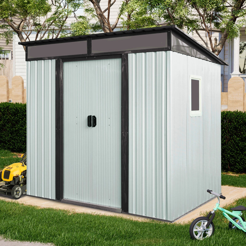 6Ft X 5Ft Outdoor Metal Storage Shed With Window And Transparent Plate For Garden, Lawn, Grayish
