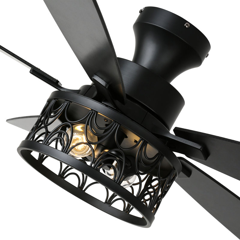 Ventilateur de plafond encastré industriel noir de 52 pouces avec kit d'éclairage et télécommande, moteur CC réversible à 6 vitesses, profil bas