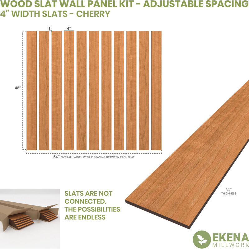 Adjustable Wood Slat Wall Panel Kit, Cherry, 4"W x 47"H x 0.25"T