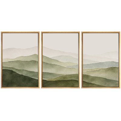 Sage Green Layered Mountain Landscape Artwork, Living Room Pictures, Framed Canvas Giclee Print 3 Pieces Wall Art