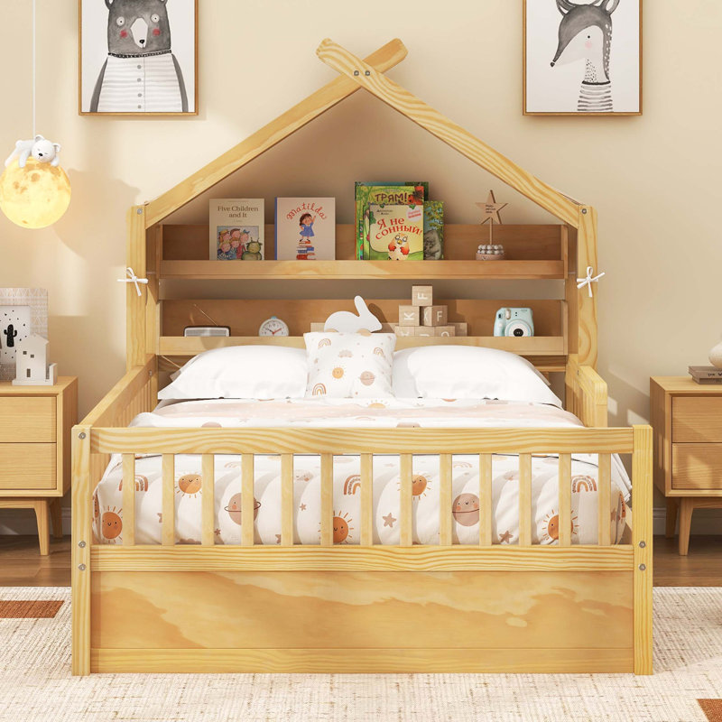 Lit en bois avec rangement intégré et auvent, Naturel