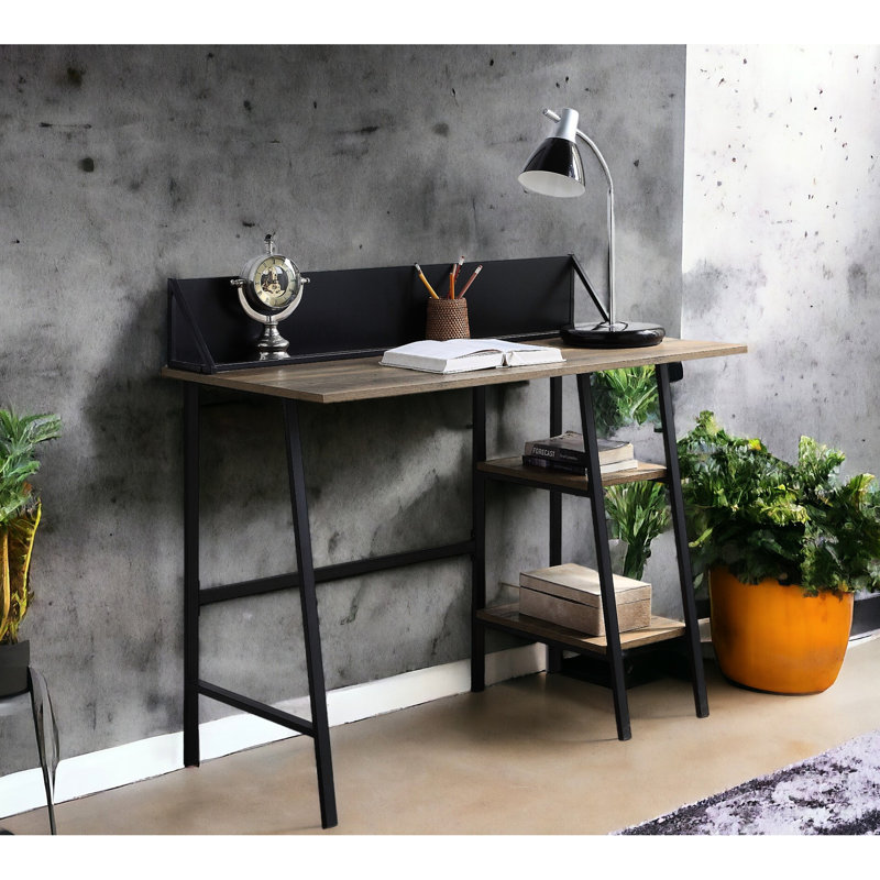 Modern Rustic Writing Desk In Oak With Strong Metal Frame Top And Black Legs For Workspace