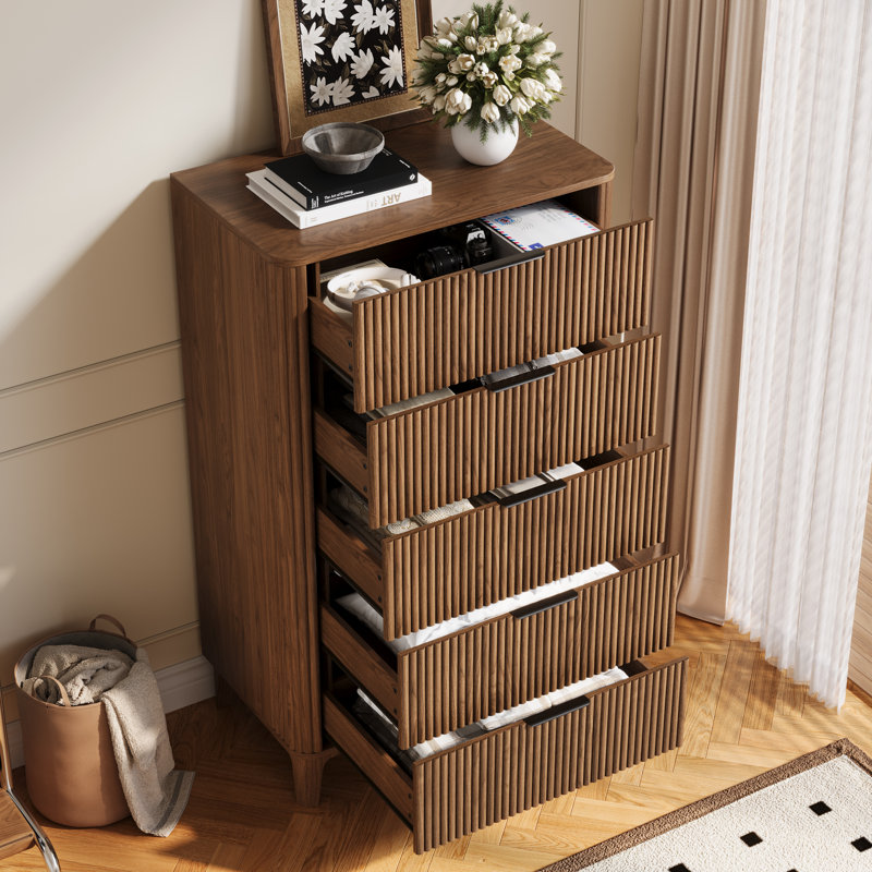 45" Fluted Design 5-drawers Dresser Organizer, Tall Chest Of Drawers, Walnut