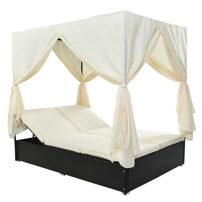 Méridienne d'extérieur double avec rideaux, lit de patio d'extérieur avec dossier réglable, canapé-lit à structure en acier robuste pour la cour, la piscine et la terrasse