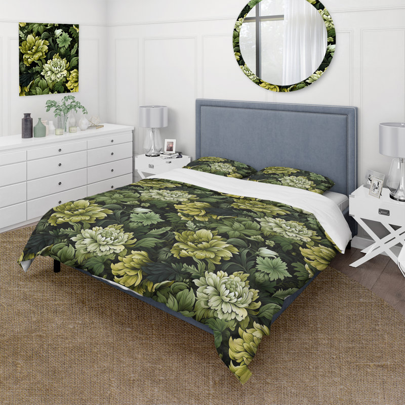 Ensemble de housse de couette damassé tropical vert jungle, Housse de couette pour très grand lit et 2 très