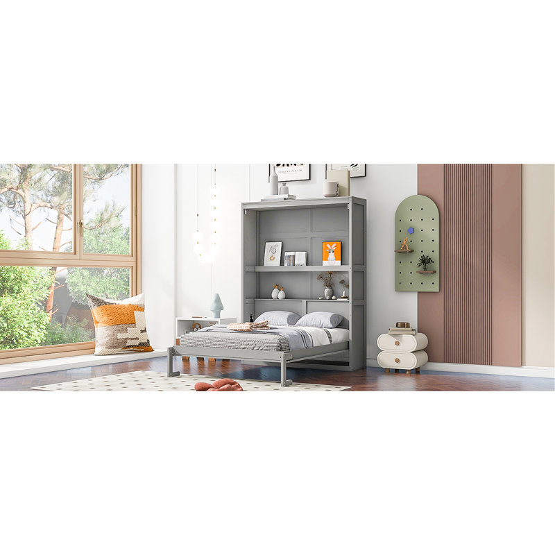 Lit gris avec tablettes et unité de rangement murale. Space Solution For Everyplace. Fabriqué à partir de contreplaqué. Confortable - absorbant les lattes du matelas. Option pliable Max 6 po. Aide à l'assemblage disponible