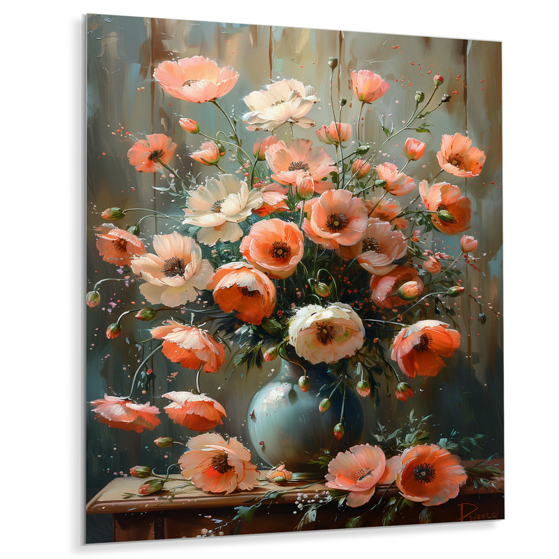 Rose, gris, coquelicots, fleurs, nature morte, charme III - coquelicots, art mural, Métal métal, H 20 po x l 12 po x P 1 po