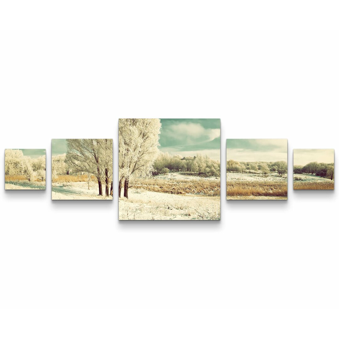 5-tlg. Leinwandbilder-Set Eisige Winterlandschaft mit Baum