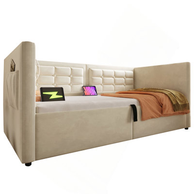 Upholstered  Daybed, Hydraulic Storage Bed Frame With USB & Type-C Charging, Bed Frame With Wooden Slats And Tufted Sofa Back