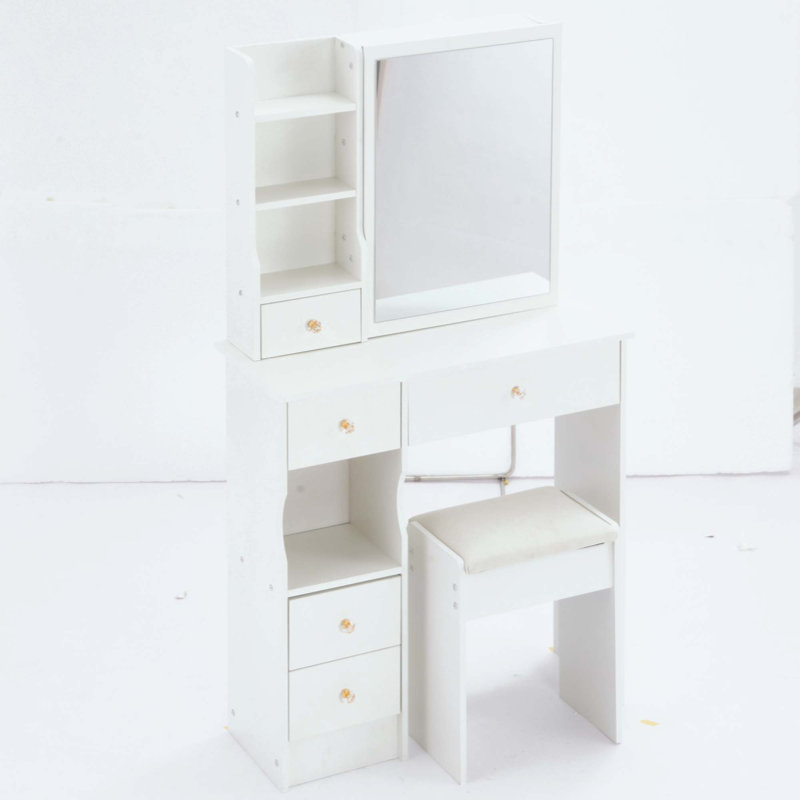 Petit meuble-lavabo de bureau avec tiroir à gauche avec petit espace + tabouret rembourré, très grand miroir coulissant à droite, rangement multicouche à grande capacité, commode pratique et pratique, convient aux petits espaces