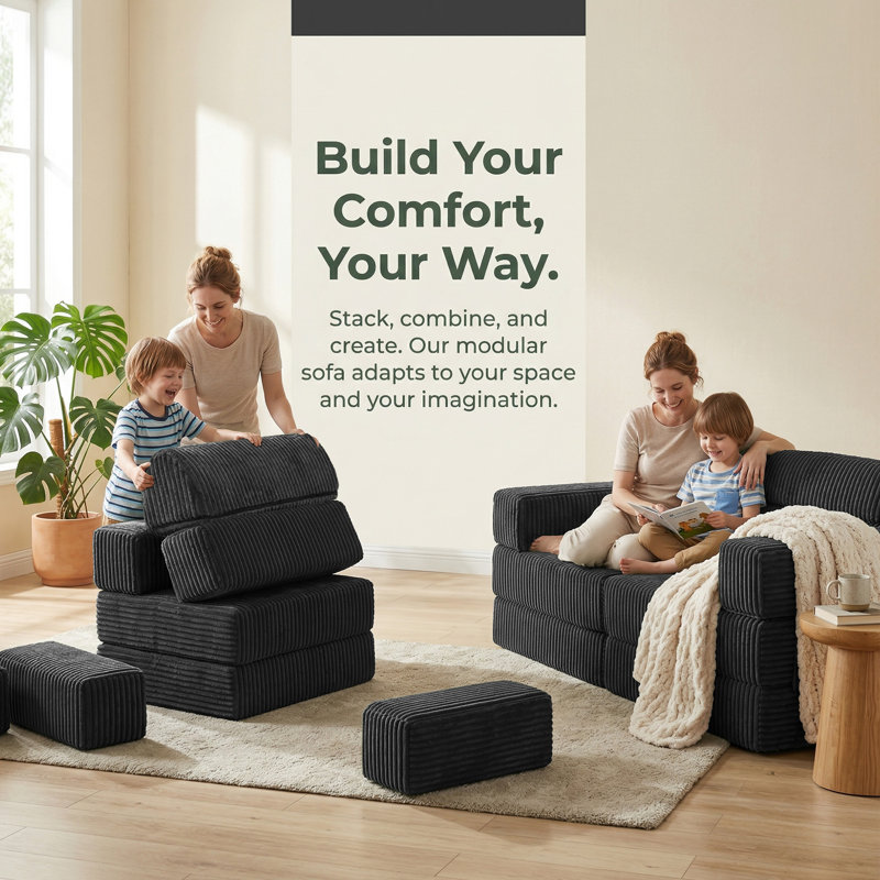 Sisler 8 Piece  141.6" Oversized  U Shape Upholstered  Corduroy Convertible Modular Compression Sofa with Storage Pockets, No Assembly Required