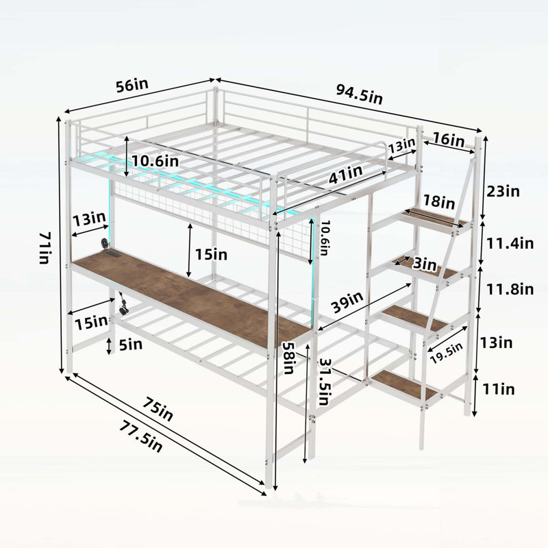 Lit superposé double au-dessus d'un lit double avec bureau intégré et éclairage à DEL - conception loft peu encombrante pour enfants et adolescents, structure robuste, assemblage facile, parfait pour les chambres à coucher et les dortoirs