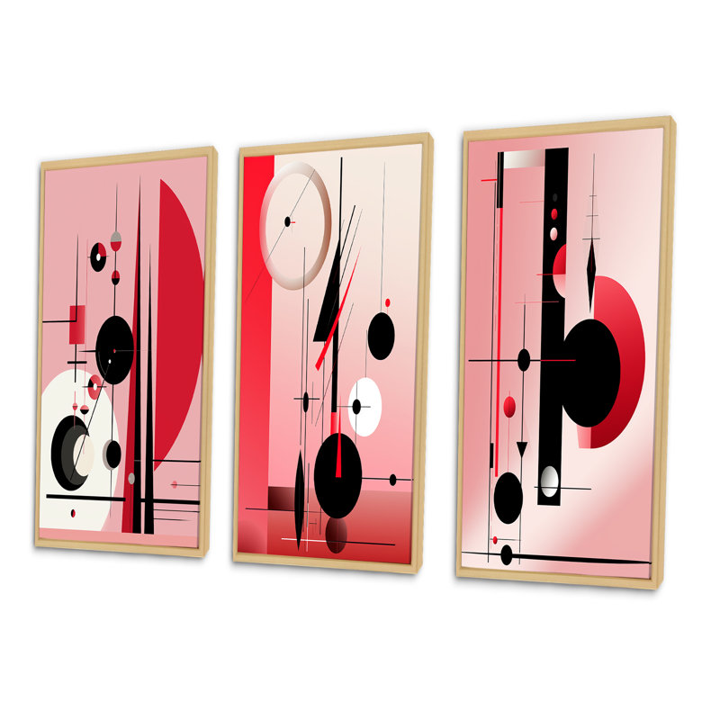 "Oracle circulaire géométrique en noir et rose", 3 pièces sur toile, Cadre naturel flottant, H 32 po x l 48 po