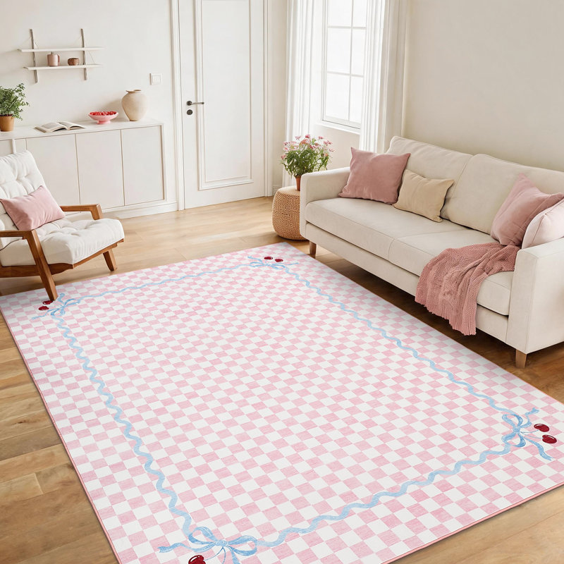 Tapis lavable en faux cerisier Coquette Gingham Cherry avec envers antidérapant, Pink, 5*7ft