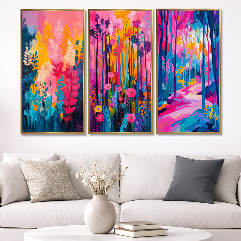 «Vibrant Forest Path - Fauvism», art mural encadré 3 pièces, H 32 po x l 48 po, Cadre flottant doré