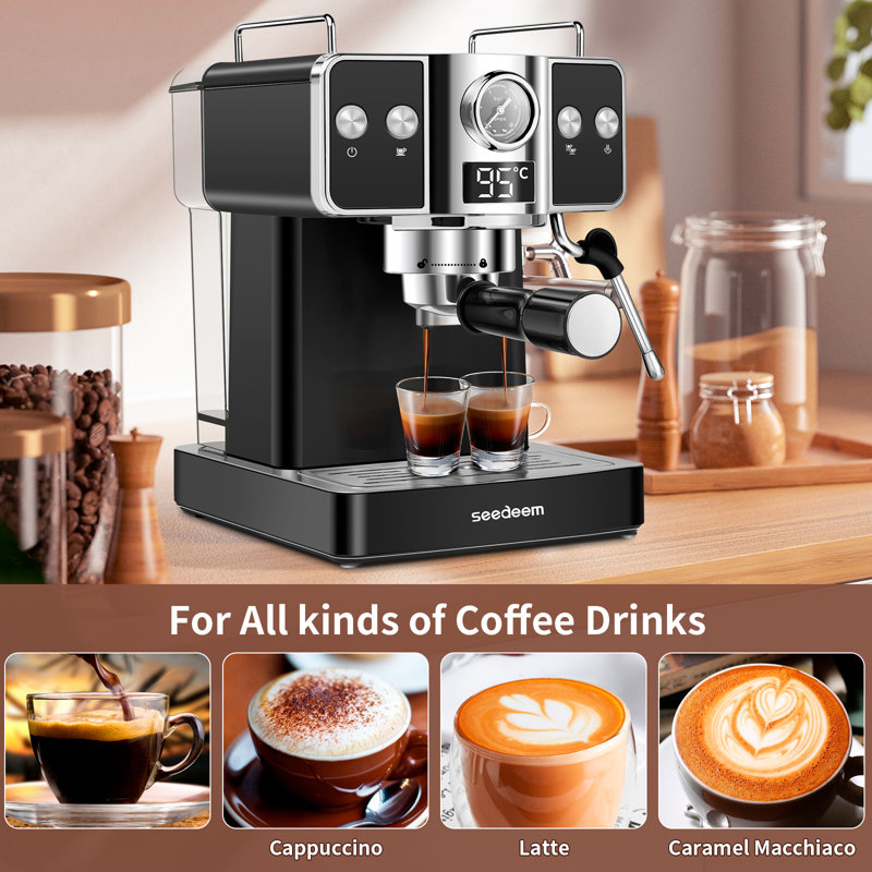 Machine à espresso en acier inoxydable avec mousseur à lait et réservoir d'eau amovible de 1,8 L (60 oz liq.), Noir