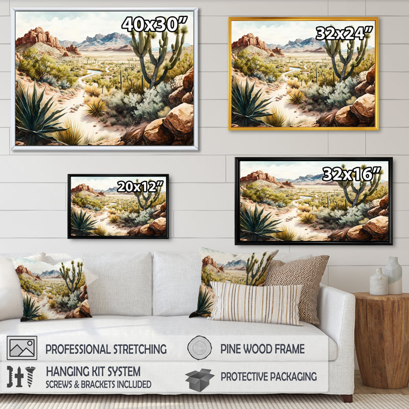 Arizona Desert II - art mural occidental, Cadre flottant doré, H 12 po x l 20 po x P 1 po