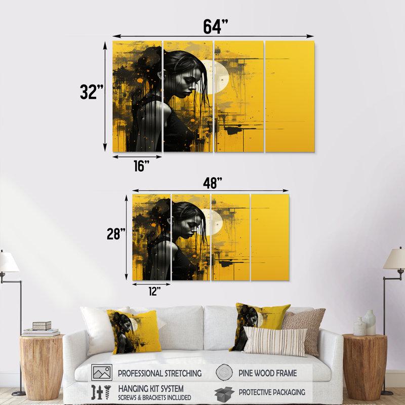 Noir et jaune «Fashion Woman Solitude III», ensemble d'art mural 4 pièces, H 28 po x l 48 po