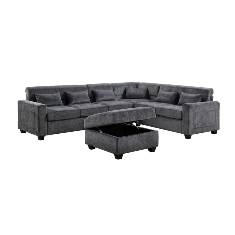 Trey 115"W Gray Chenille Sectional Sofa With Adjustable Backrest, Charging Ports, Pockets, Tufting, Storage Ottoman, Throw Pillows