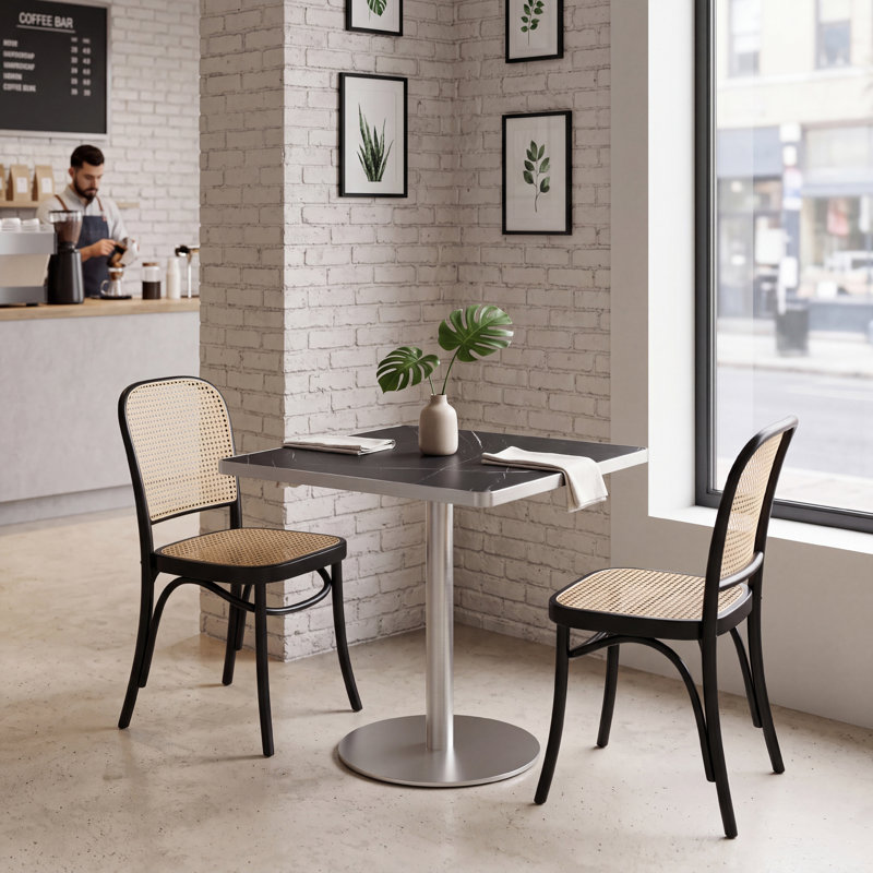Table de salle à manger carrée en pierre frittée avec base en acier inoxydable, Charcoal Black