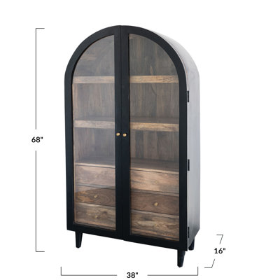 Vitrine arquée en bois de manguier massif avec 3 tiroirs