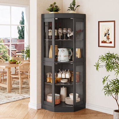 70'' Tall Corner Cabinet with Tempered Glass Doors, 4-Tier Curio Display Cabinet for Living Room, Dining Room, Black