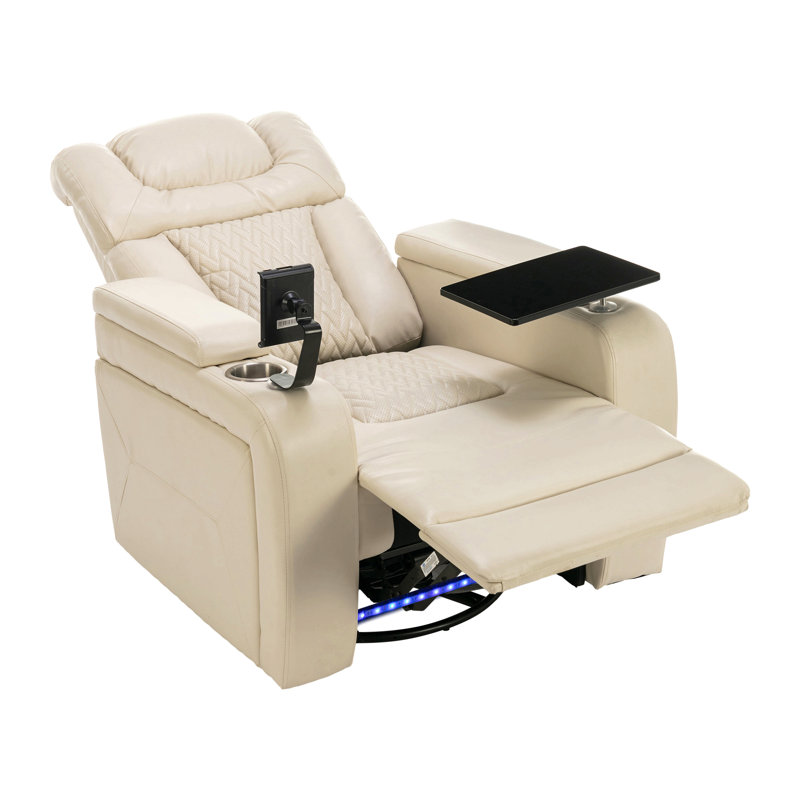 270 Degree Swivel Pu Leather Power Recliner Home Theater Recliner With Tray Table, Phone Holder,Cup Holder,Usb Port, White