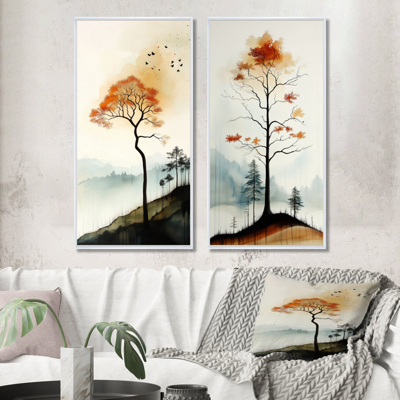 Collines chaudes de chêne aux braises - Grand tableau mural en 2 parties, 40" H x 40" W, White Floater Framed