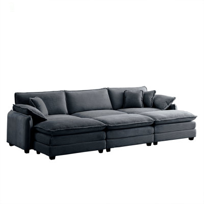 Oversized Modular Cushioned Sofa,With 3 Ottomans To Work As Sleeper Sofa Beds, 3-Seater Sofa With 3 Footstools,Grey Corduroy Fabric