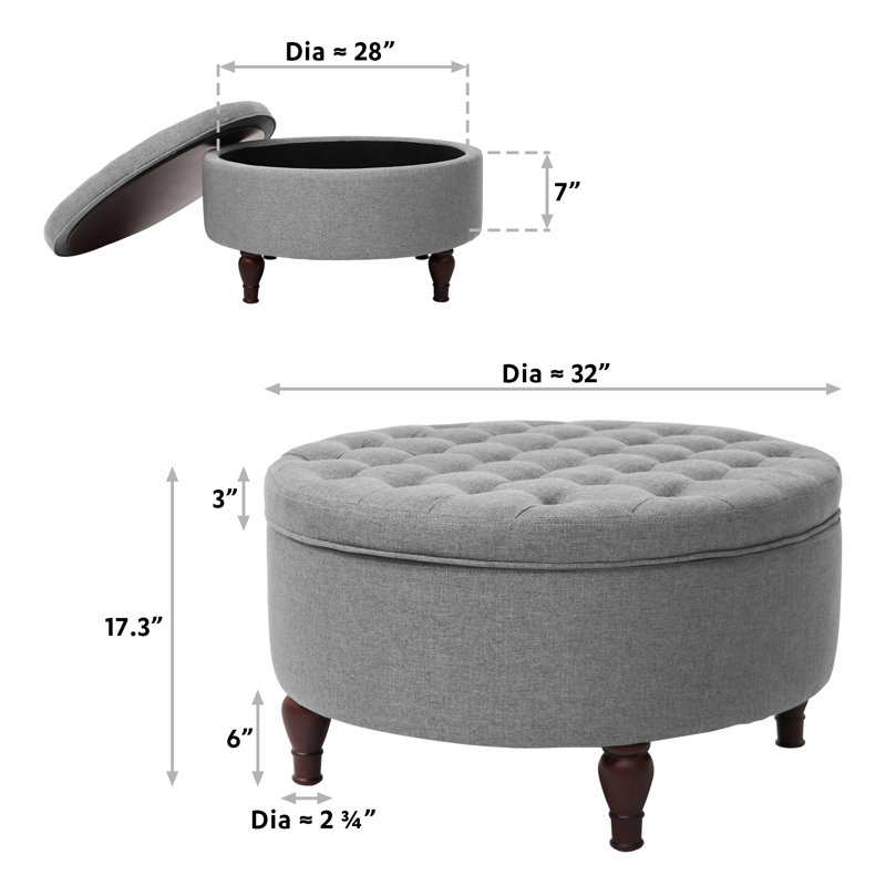 Repose-pieds de rangement rond capitonné de 32 po de largeur, 100 % lin gris