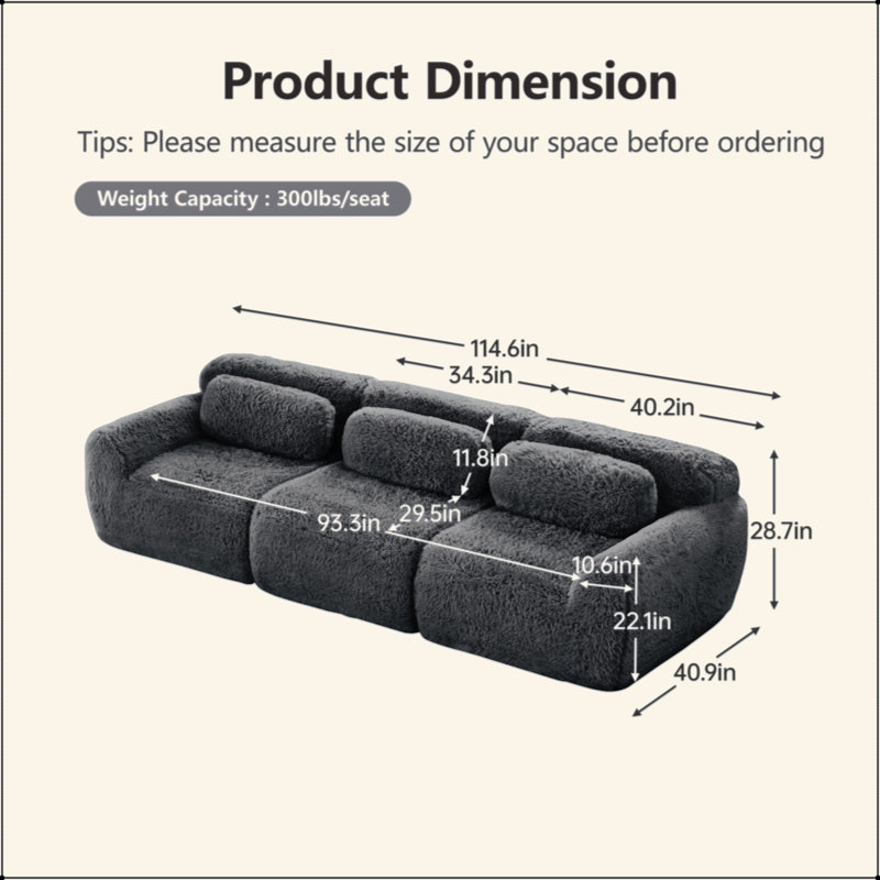 Tissu moelleux moelleux et moelleux de 114 po, canapé modulaire modulaire, conception ergonomique avec repose-pieds et coussins décoratifs, raccordement à boucle à compression complète pour étude, cinéma maison