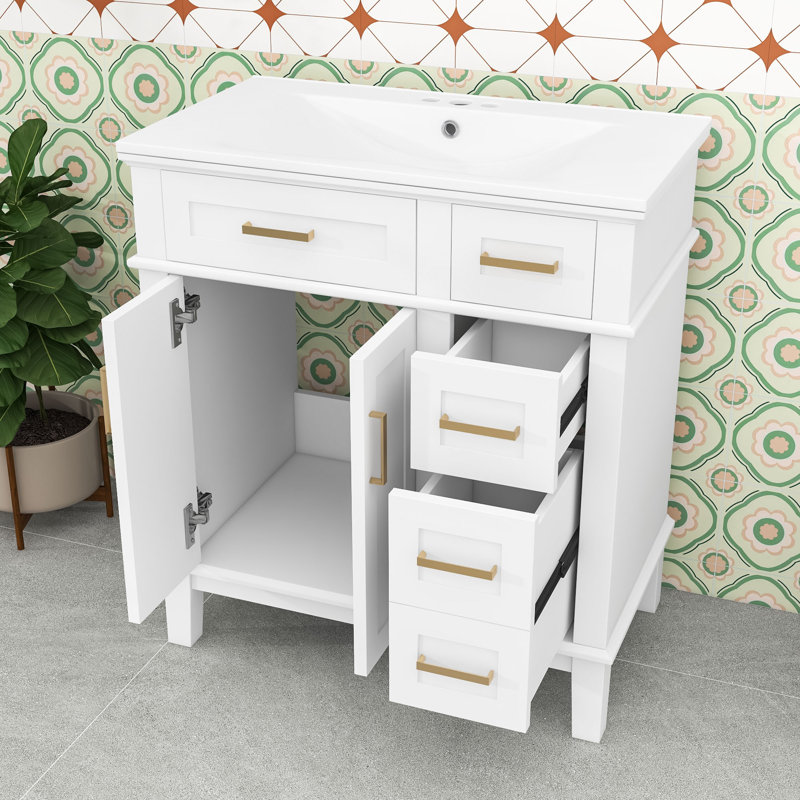 Meuble-lavabo autoportant avec lavabo en céramique, armoire de rangement à fermeture en douceur et tiroirs, Blanc / blanc