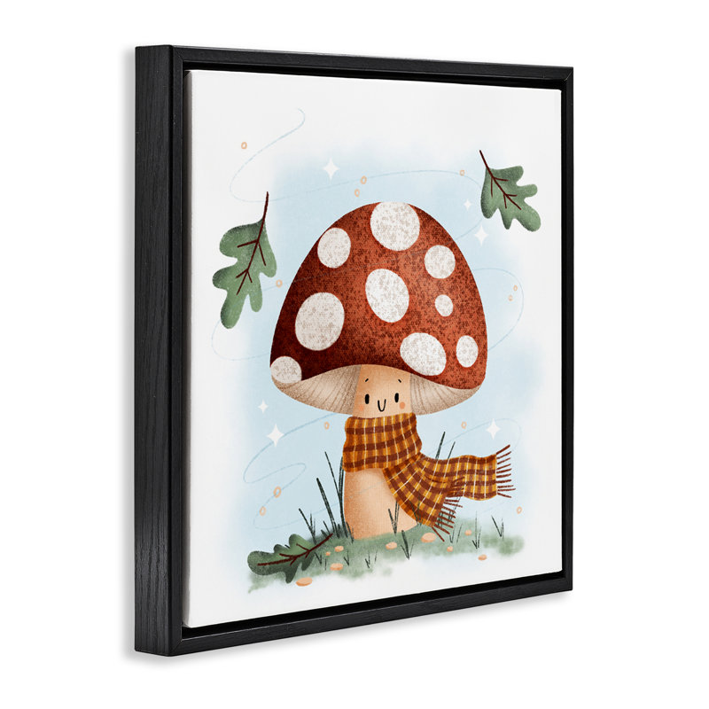 Champignon heureux dans un cadre flottant écharpe, design par Sarah Hickman, Cadre flottant noir de jais, H 18 po x l 18 po