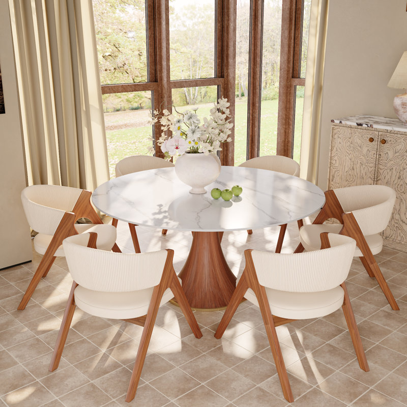 Round Dining Elegant Sintered Stone Table Set And 4-8 Upholstered Back Chairs For 4-8, 7 Pieces: Table, 6 Chairs, White