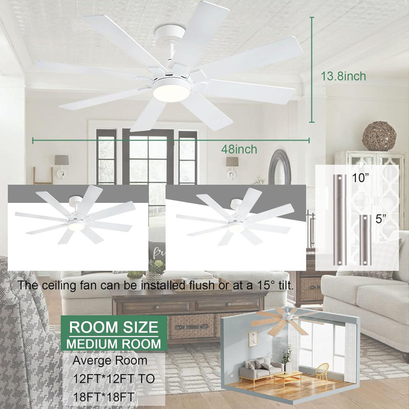 Ventilateurs de plafond de 48 pouces avec lumières et télécommande / APP, ventilateur de plafond à profil bas, 8 pales, à intensité variable DEL, moteur à courant continu réversible, ventilateurs de plafond silencieux pour une utilisation intérie