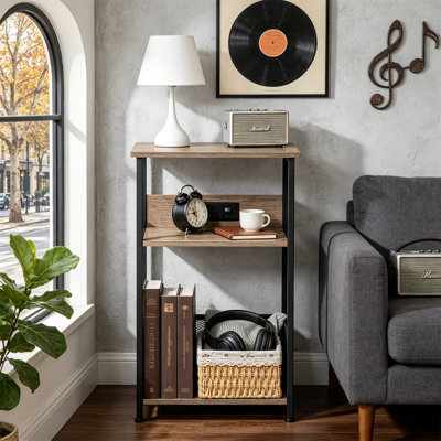 Support pour tourne-disque avec station de charge, table de bout à 3 niveaux pouvant contenir 100 albums