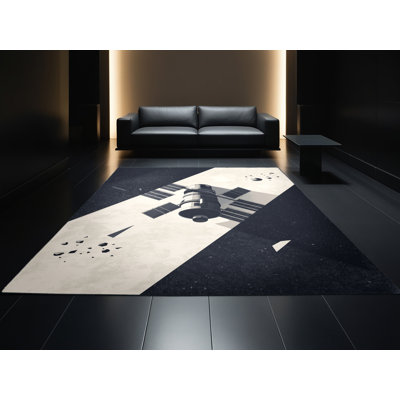Soft Plush Eddleman Space Station Scene Modern Geometric Shapes Area Rug in Grey – Black Binding