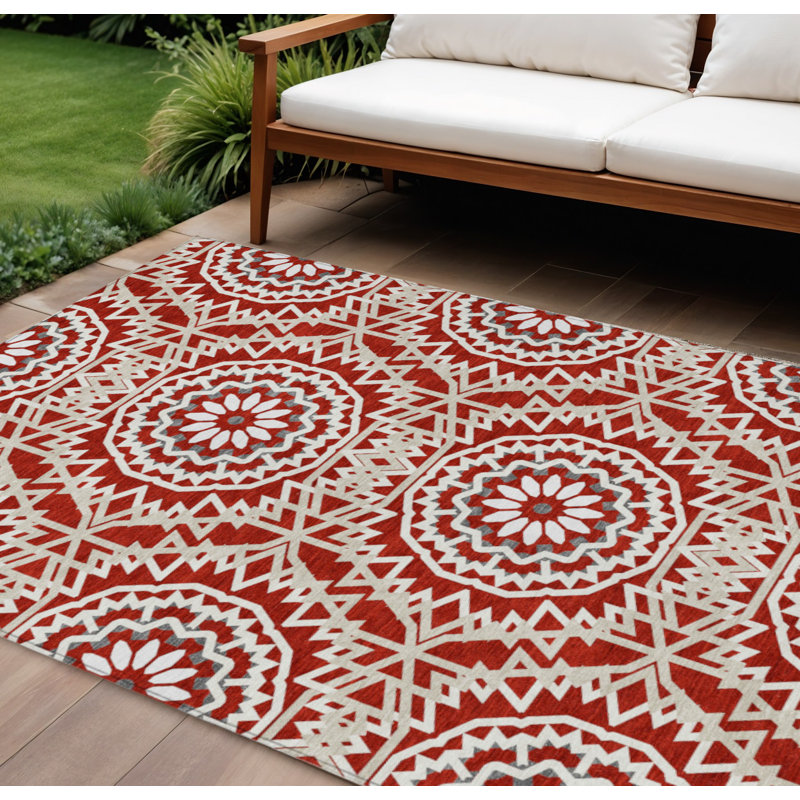 Tapis intérieur / extérieur 8 pi x 10 pi beige et ivoire avec médaillon floral lavable