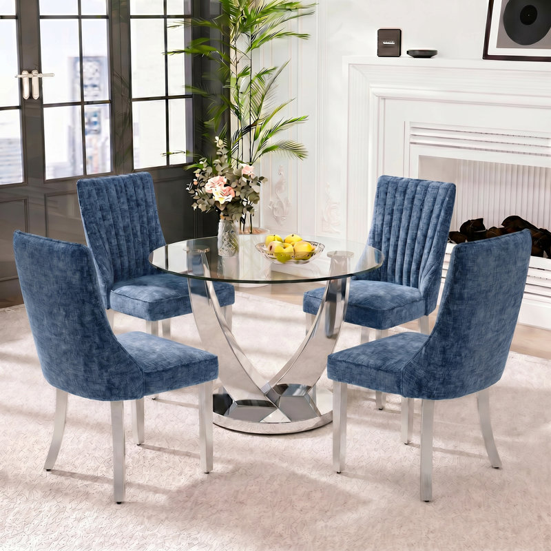 38.9" Round Glass Dining Table Set for 4, Modern 5-Pieces Kitchen Table set, Tempered Glass Table with 4 Chenille Upholstered Chairs, for Kitchen, Dining and Apartment