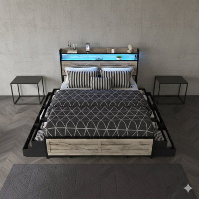 Structure de grand lit comprenant une tête de lit avec des compartiments de rangement intégrés, douze tiroirs lumineux, une base métallique équipée d'un support antidérapant et silencieux pour le matelas, des lattes robustes en métal, dans une finition grise.