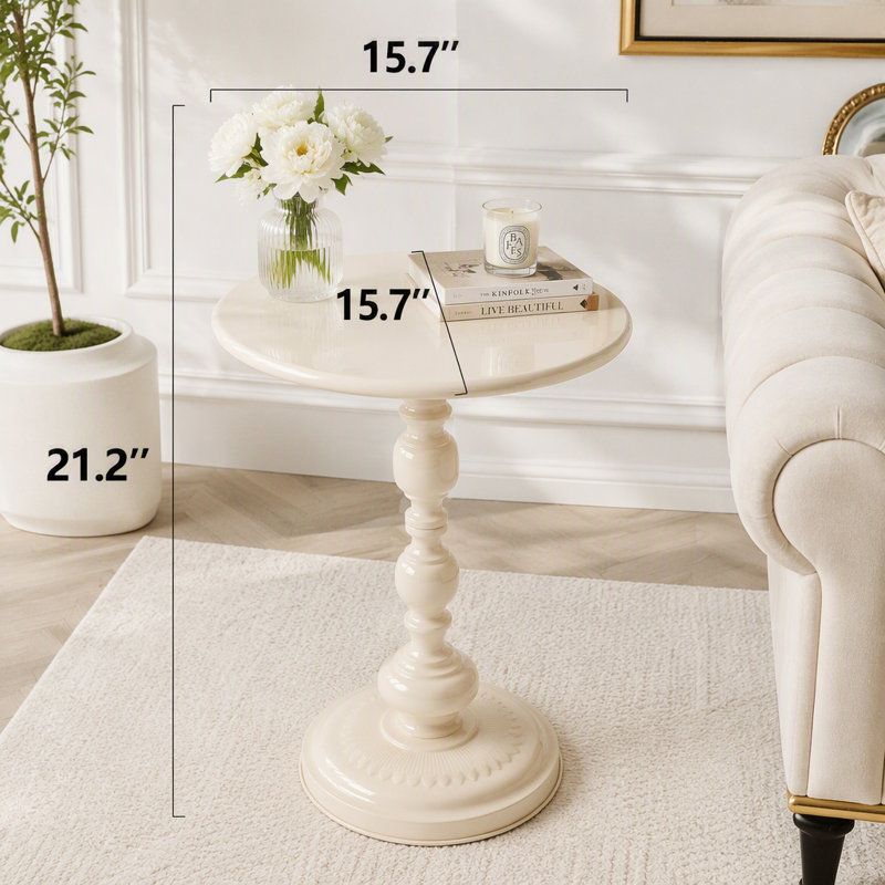Table d'appoint ronde vintage avec piètement en fer noir givré pour utilisation à l'intérieur et à l'extérieur, Blanc, crème