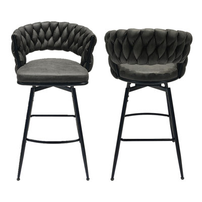 Of 2 Technical Leather Bar Stools - Brown. 360 Swivel, Metal Base, Upholstered For Kitchen, Cafe, Brown Woven 2. Upholstered, Suitable Kitchen And More