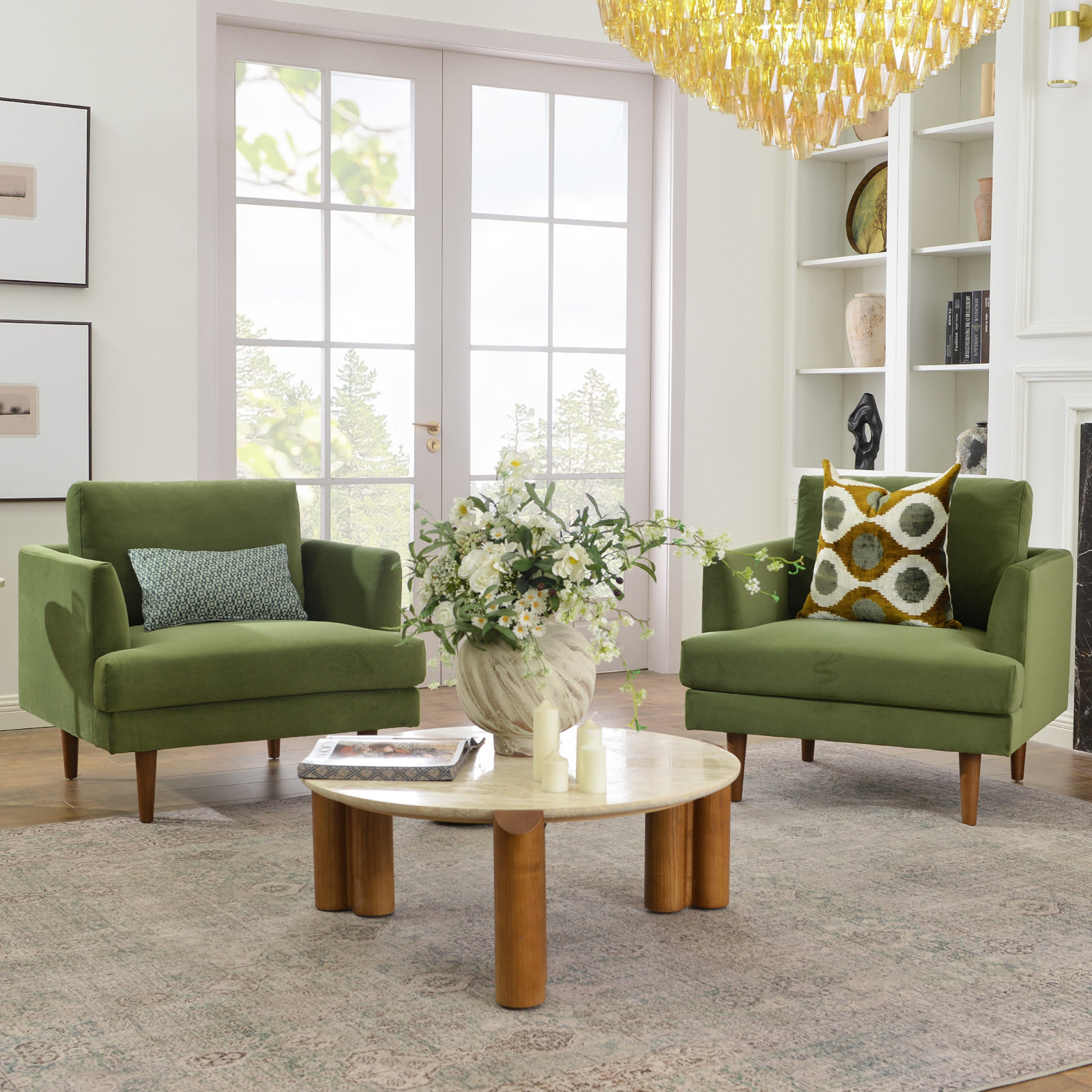 Miller Walnut Armchair, Green Velvet