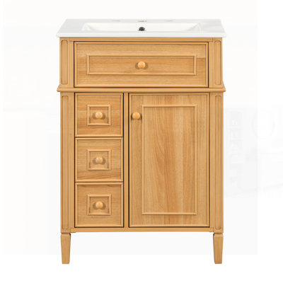 Meuble-lavabo de salle de bain avec lavabo, armoire en bois, tiroir rabattable, tiroirs et porte à fermeture en douceur, bois massif et panneau de fibres à densité moyenne, poignées élégantes