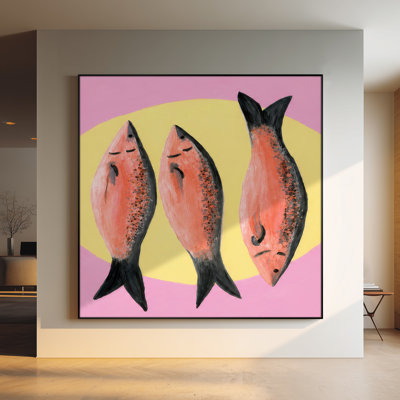 Très grand imprimé mural d'art en tissu - Trio de poissons roses fantaisistes sur fond pastel pour le salon ou la chambre à coucher - «Assemblage du cadre requis (cadre non fini)»