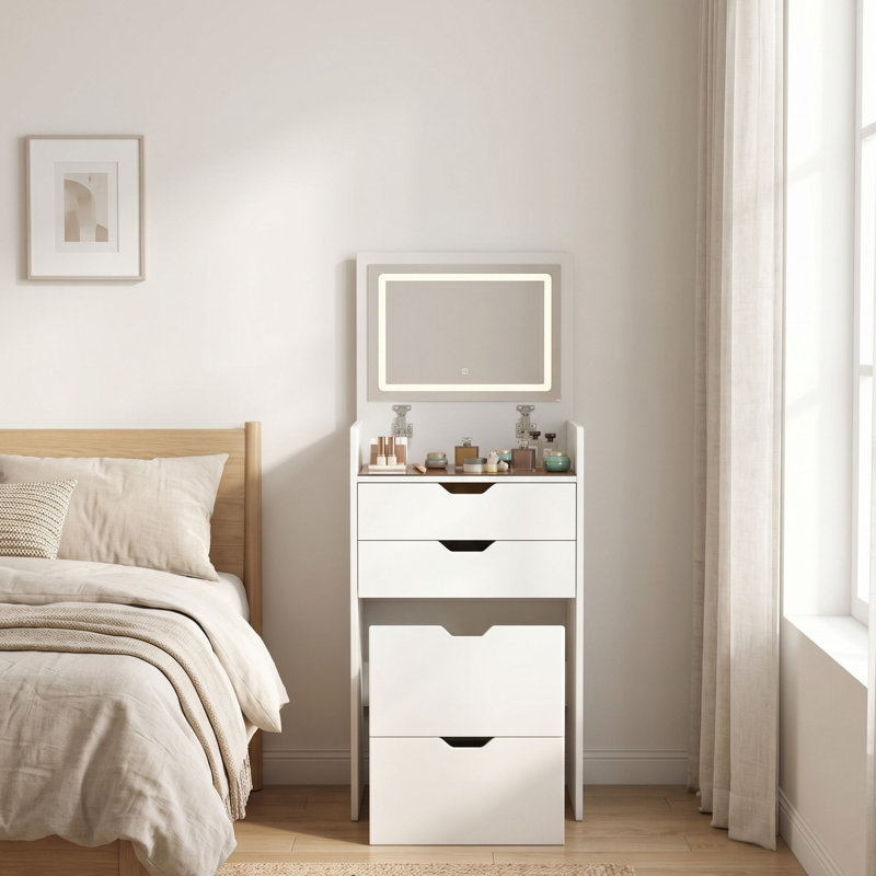 3-in-1 Vanity Table With Flip-up Mirror And Lights, Space-saving Makeup Desk With Hidden Stool And Storage Drawers, White