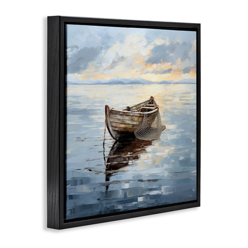 Peinture d'un bateau de pêche, H 18 po x l 18 po, Cadre flottant noir de jais