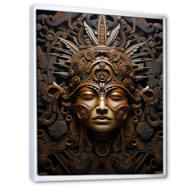 Masque aztèque antique sur toile, Cadre flottant blanc, 32" H x 16" W