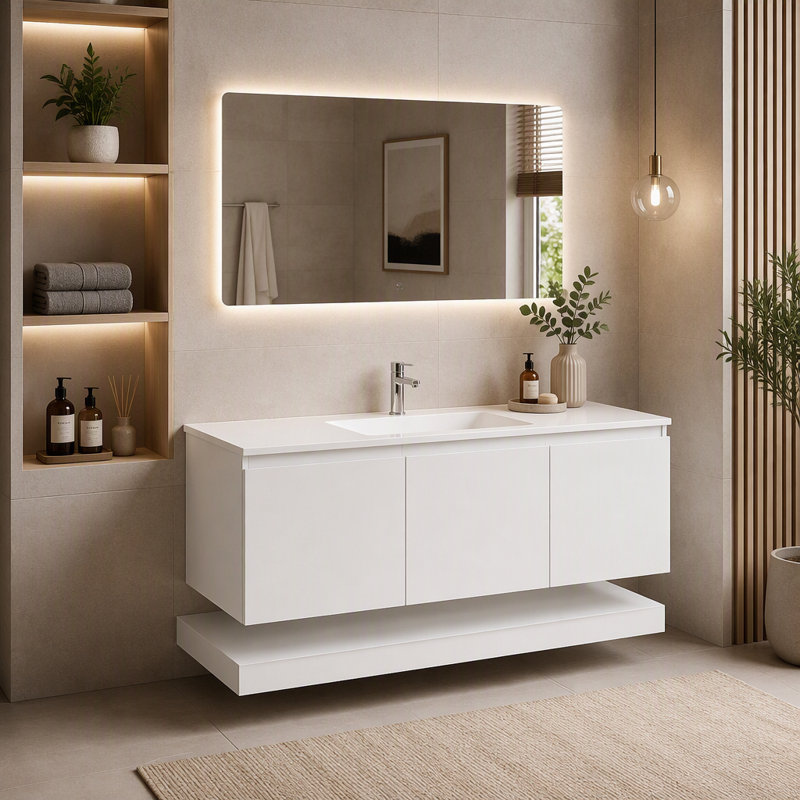 Ensemble de meuble-lavabo flottant mural 48 po avec lavabo composite, 3 tiroirs et tablette ouverte